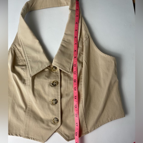 NWT Tan Collared Halter Neck Vest Button Up Crop Top Size Large Sans Souci - Picture 8 of 9